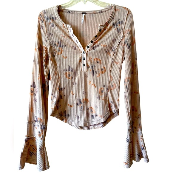 Free People Tops - Free People Layer Me Hanley - Just Peachy Floral Ribbed Shirt, Size S